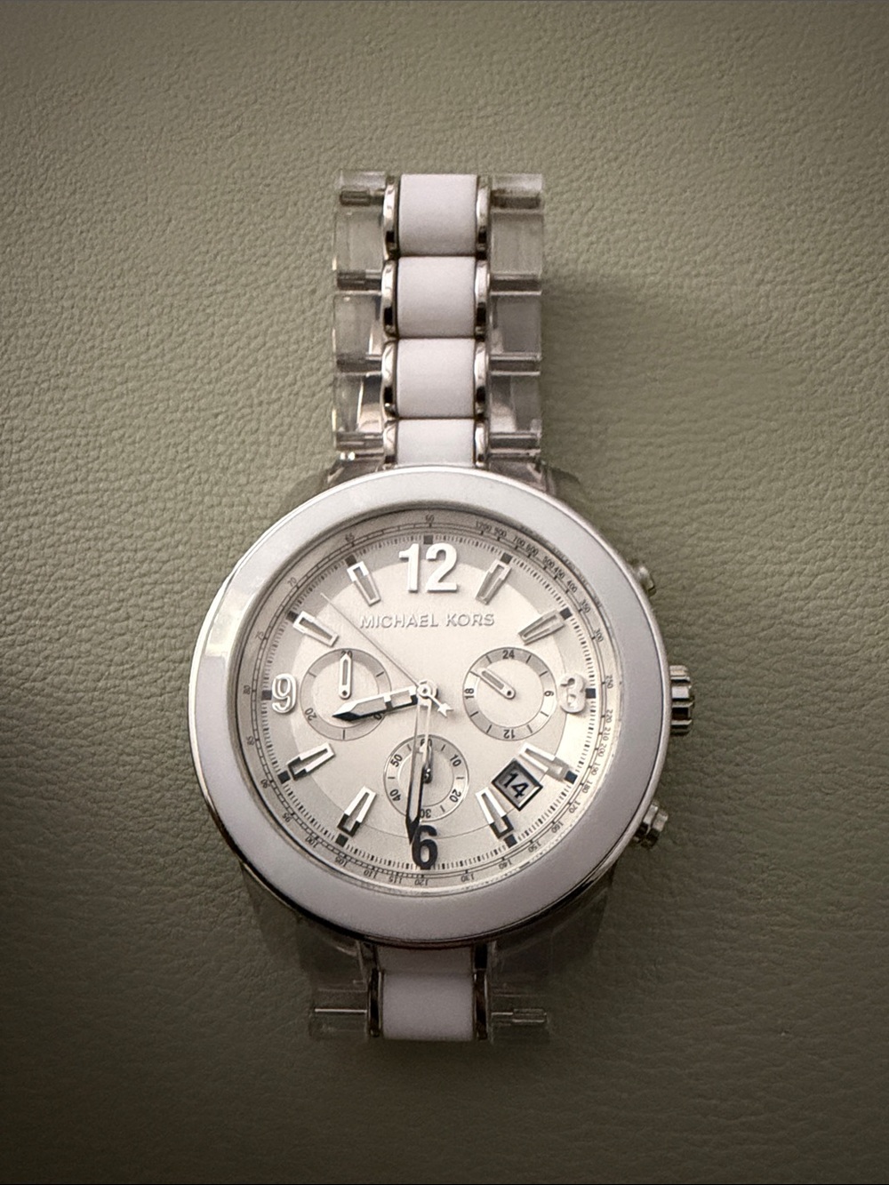 Michael Kors Womens White and Silver Chronograph Bracelet Watch
